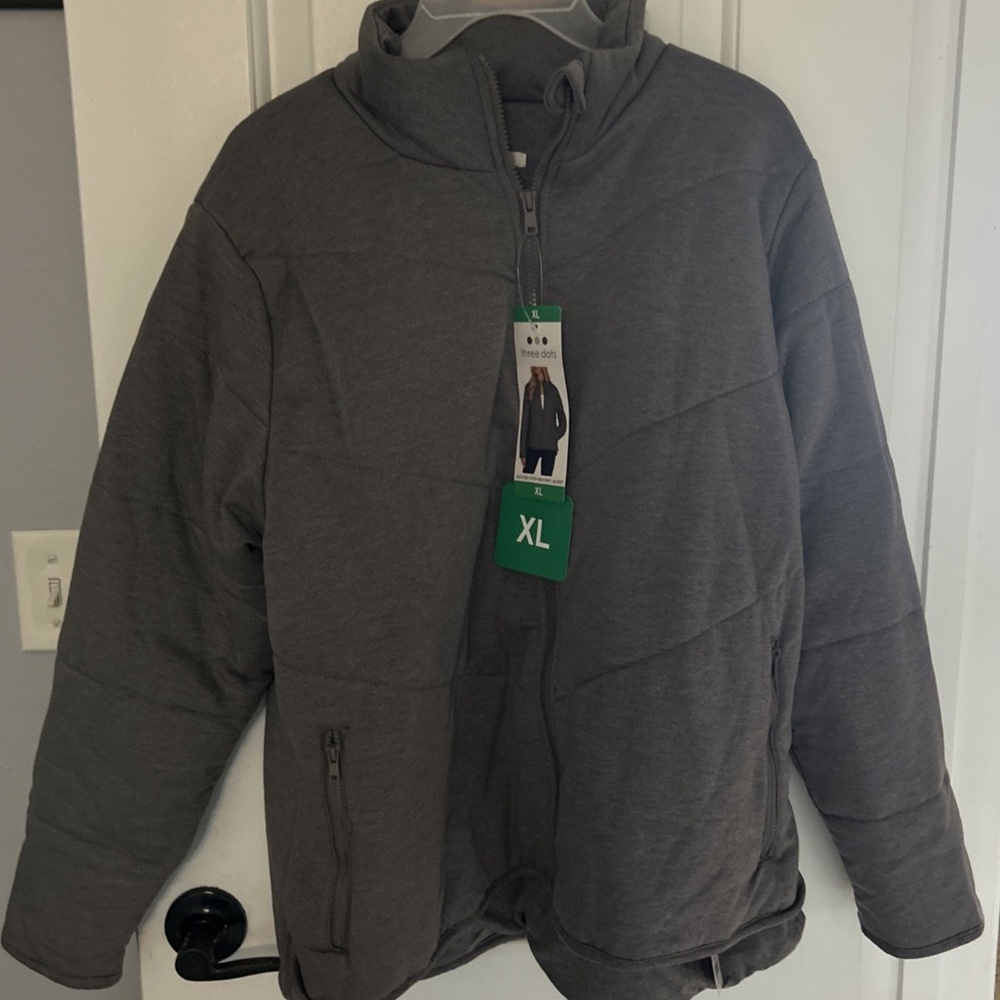 Three Dots Women's Mock Neck Full Zip Quilted Knit Jacket • XL• Heather Pavement